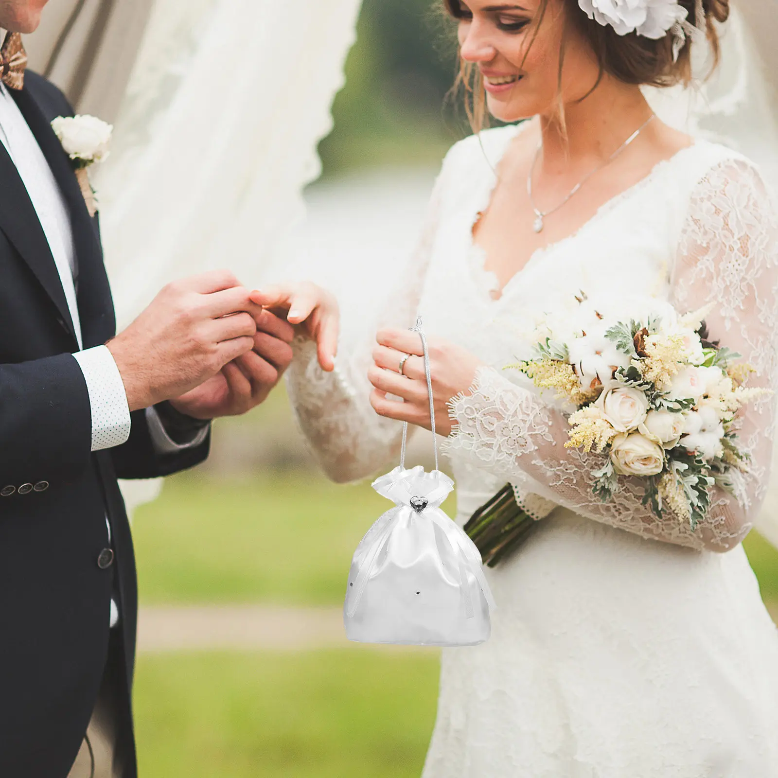 White Satin Bridal Dolly Bag with Pearl Flower Decor & Drawstring Handles – Bridesmaid Handbag Wedding Gift