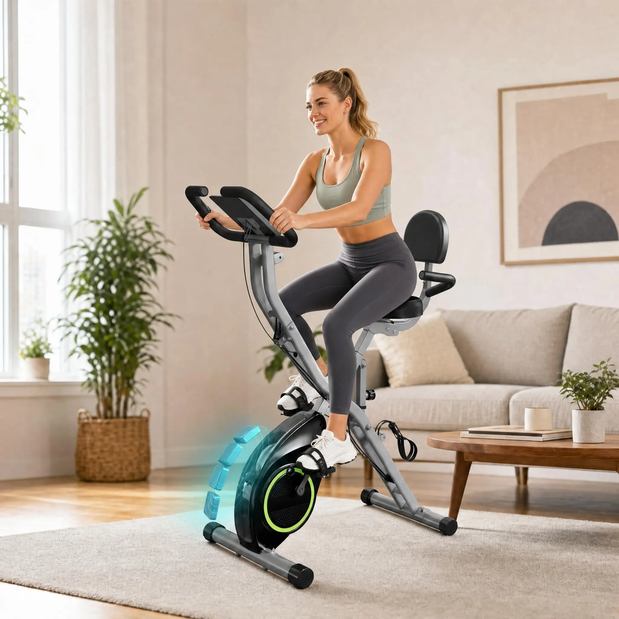 Indoor Exercise Bike Cycling Bike, 5 IN 1 Foldable Stationary Bike with 16-Level Magnetic Resistance and Tri-Position