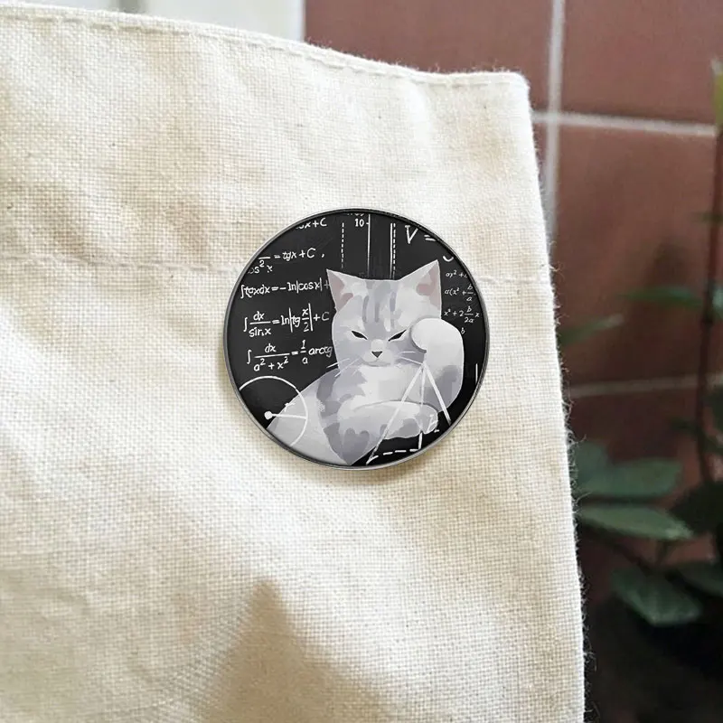 Smart Math Cat UV Printing Badge Calculus Formula Blackboard Pin Alloy Brooch Lapel Backpack Jewelry Gift For Student