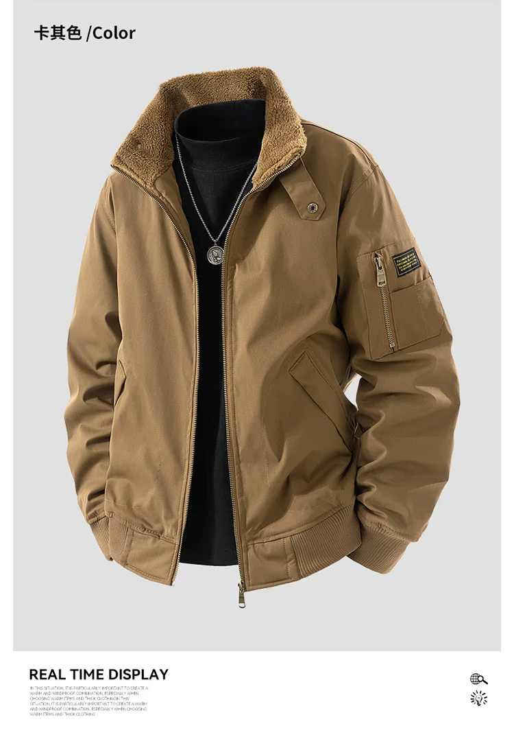 

Men Flight Jacket Cotton Fleece Jacket Men's Velvet Thickened Autumn and Winter Top Men Washed Workwear Casual Multi Bag Clothes