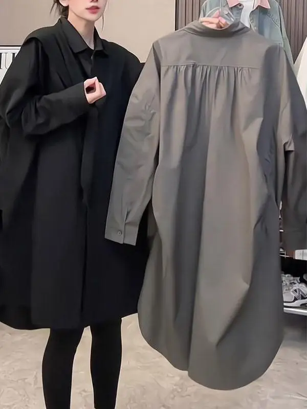 

plus Size Collar Long Sleeve Shirt Dress Women Loose High Waist A-Line Skirt Casual Style Polyester Fiber Autumn Dress
