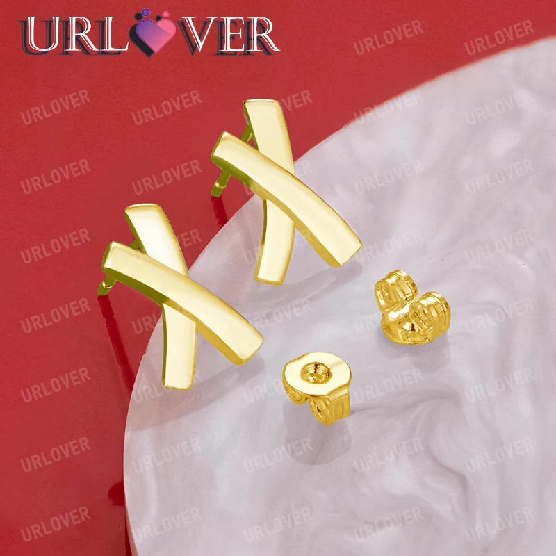 URLOVER 18K Gold X-shaped Earrings For Women 925 Sterling Silver Hoop Earring Party Wedding Fashion Charm Jewelry Birthday Gifts