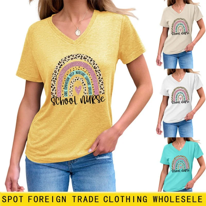 

V-neck short-sleeved t-shirt for women in summer, slim-fit, fashionable and casual, with rainbow print