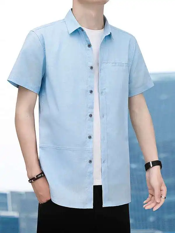 

New Men's Summer Casual Non-Ironing White Shortsved Shirt Standard Fit PU Leather Fake Two-Piece Style Thin Seven-Sleeve Design