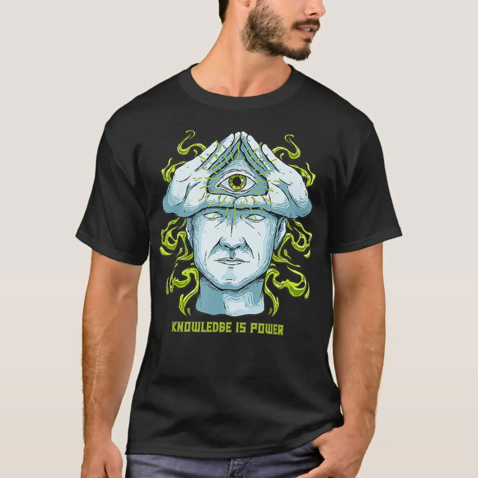 Knowledge Is Power Illuminati Pyramid Allseeing Ey T Shirt vintage Washed homme Unisex graphic Soft Stretched Versatile