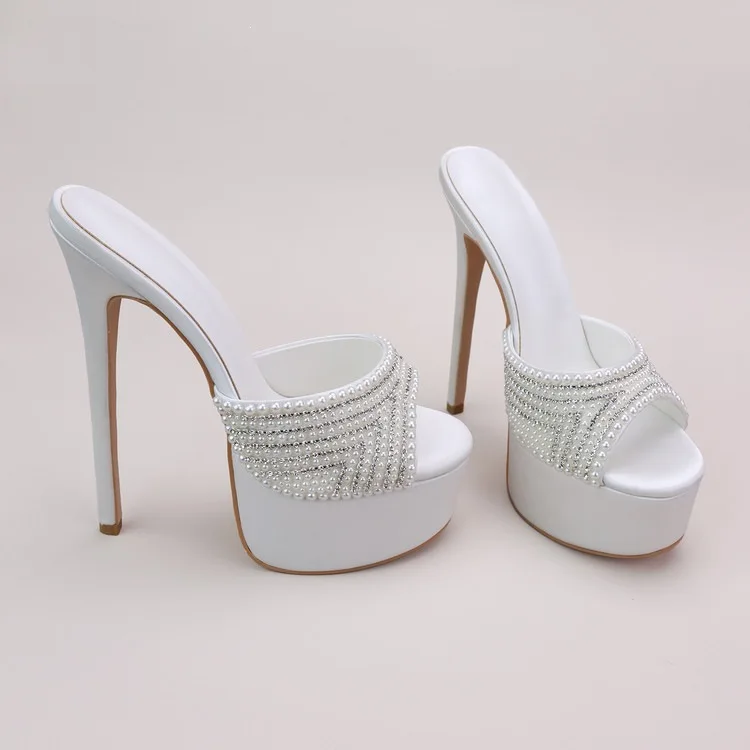 Women's white pearls Wedding sandals sexy platform leather 16cm plus size high heels party dress slippers caystal shoes view 4