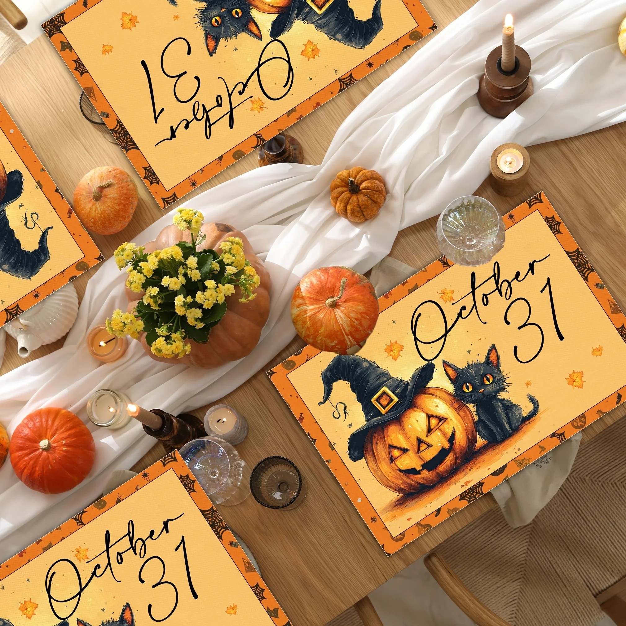 1 pc Linen Halloween Pumpkin Placemats Pumpkin And Black Cat Table Mat for Kitchen Dining Table, Spooky Decoration for Home - view 2