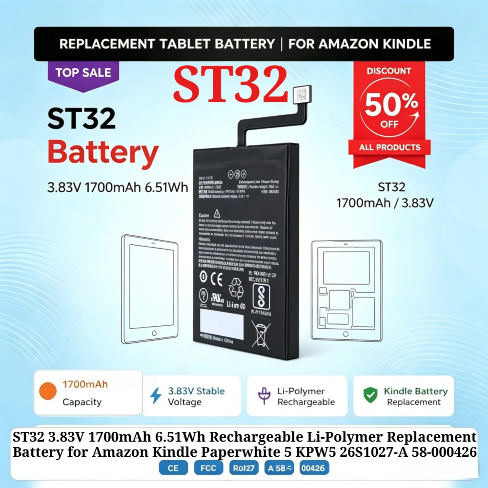 ST32 3.83V 1700mAh 6.51Wh Rechargeable Li-Polymer Replacement Battery for Amazon Kindle Paperwhite 5 KPW5 26S1027-A 58-000426