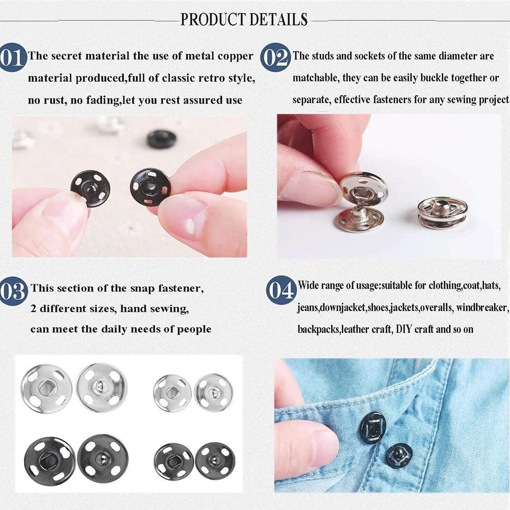 Botões de pressão para costura, Metal Snap Fastener, Press Studs, Vestuário Button, 8mm, 10mm, 100Sets