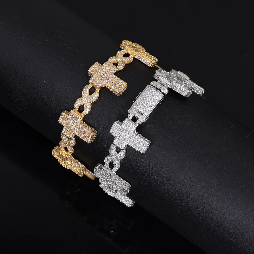 

2025 NEW fashion Hip Hop Jewelry Cross Connection Bracelet Zircon Stone Iced Out Cross Infinite Link Chain Bracelet