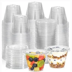 9oz Clear Plastic Cups With Flat Lids No Hole, Disposable Cups for Ice Cream,Pudding,Cake,Snacks Smoothie,Milkshake,Cold Drinks