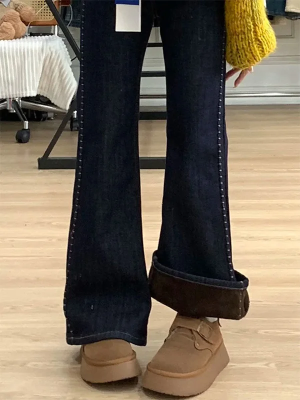 

plus Size High Waist Wide Leg Jeans Women Winter Thickened Fleece Drapey Slimming Non-Matching Leggings Pants