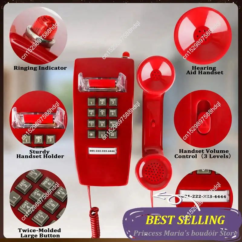 هواتف حائط AB30-2X للخط الأرضي مع رنين ميكانيكي، خط واحد 2554 هاتف حائطي مع مؤشر صوت، أحمر
