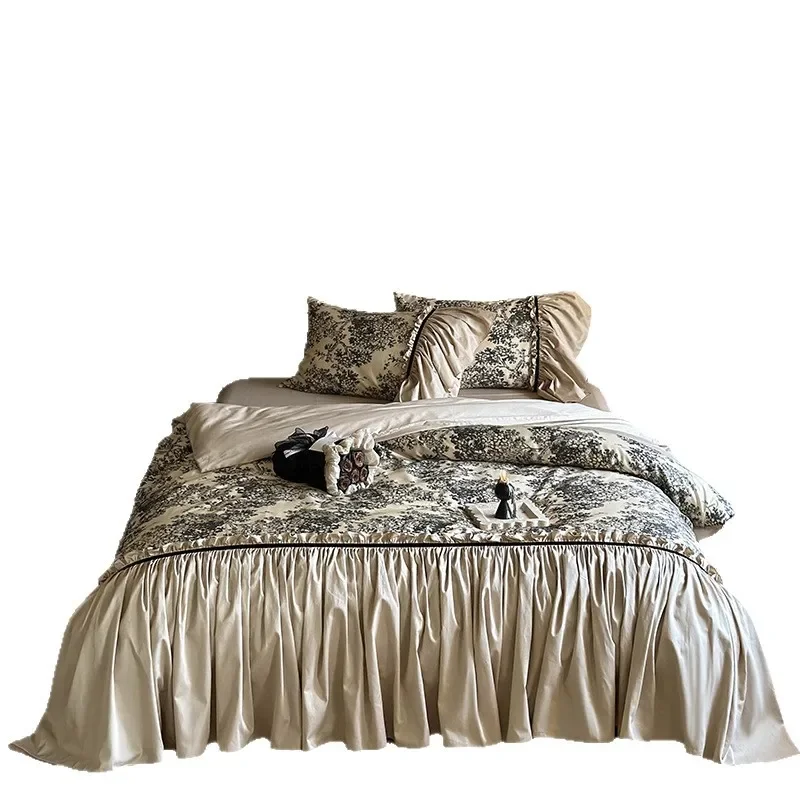 French cotton satin sheets four-piece cotton quilt cover printed retro lace premium bedding