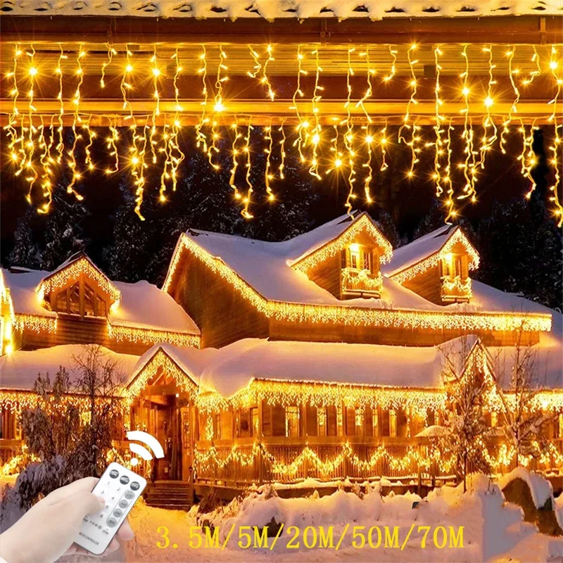 Christmas Decorations For Home Outdoor LED Curtain Icicle String Light Street Garland On The House Winter 2024 New Year Decor