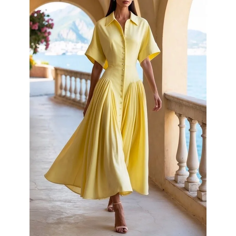 Geel Turn Down Kraag Jurk voor Vrouwen 2025, Korte Mouw Button Down Eenvoudige Officewear Max Jurken Vrouw Kleding 180596