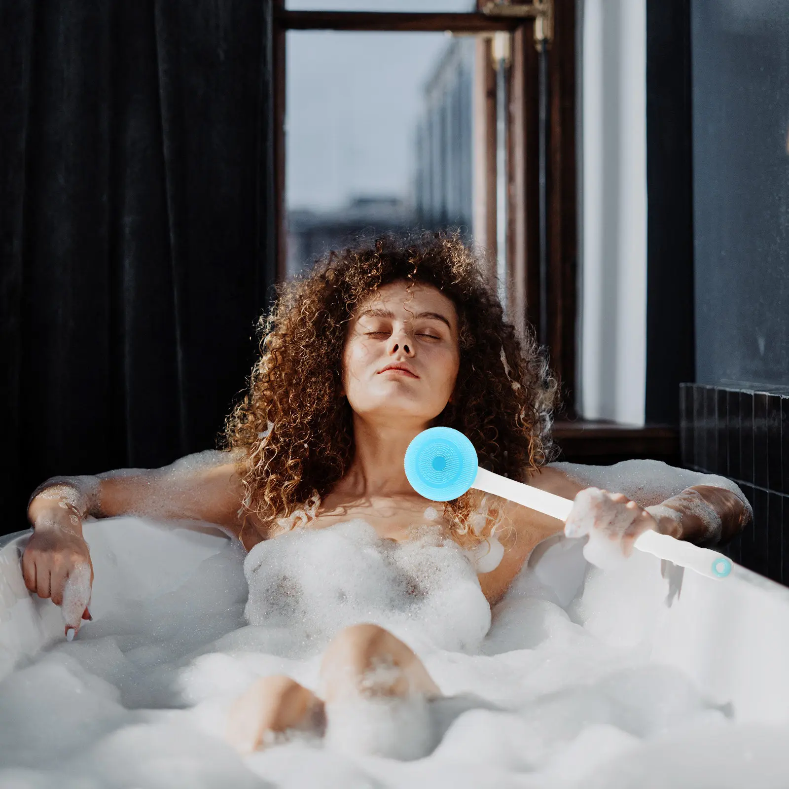 

360 Degree Rotary Head Back Scrubber Long Handle Silicone Bath Brush for Deep Cleansing Exfoliating Smooth Radiant Skin Sky Blue