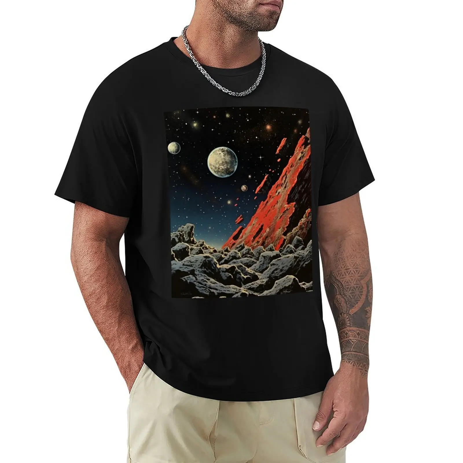 Cosmic Landscape of Asteroid Surface, Planets and Shining Stars T-Shirt Stain Resistant Casual Tee
