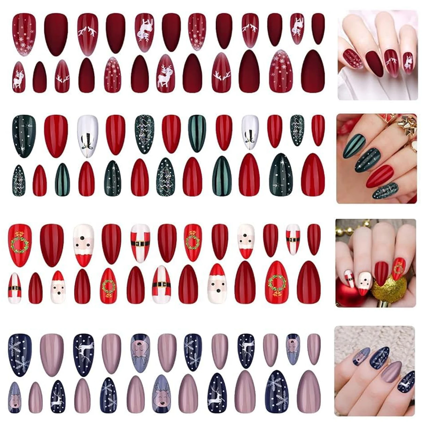 

Ebanku, 96 шт., рождественские накладные ногти, рождественские искусственные ногти, нажмите на олень, снежинка, рождественская елка, полный набор ногтей