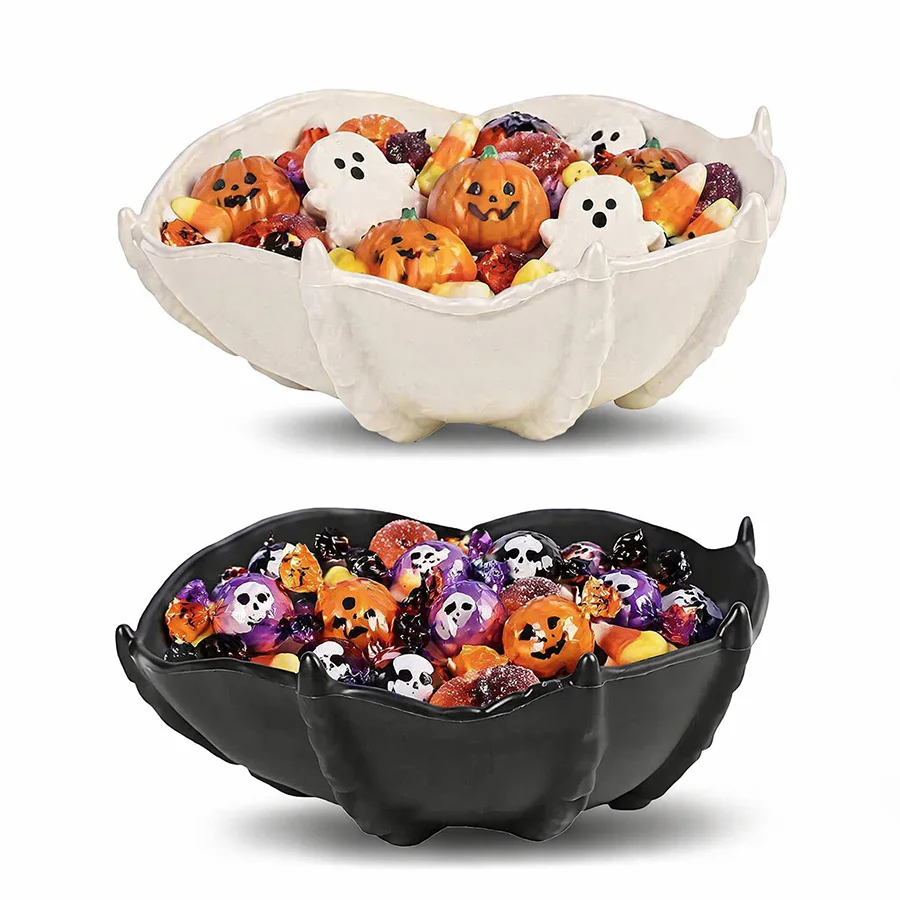 2-teiliges Set Schwarz-Weiße Süßigkeitenkörbe Halloween Totenkopf-Handform Obst- und Snack-Aufbewahrungsteller Halloween-Party-Dekorationszubehör