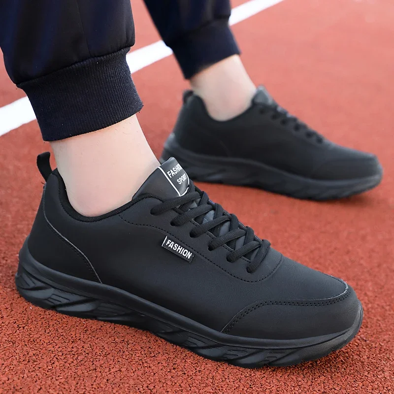 Men's Running Shoes Black PU Upper Flat and Comfortable Walking Shoes Lightweight and Wide Footed Casual Sports Leather Shoes