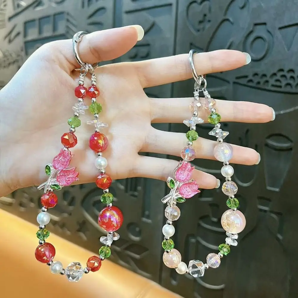

Tulip Flower Crystal Bead Phone Strap Wrist Chain Anti Loss Cell Phone Chain Luxury Handheld Mobile Phone Lanyard