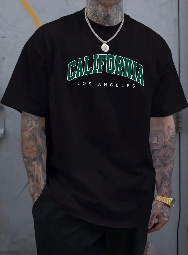 American men's summer Los Angeles California letter print micro elastic breathable round neck T-shirt outdoor casual top