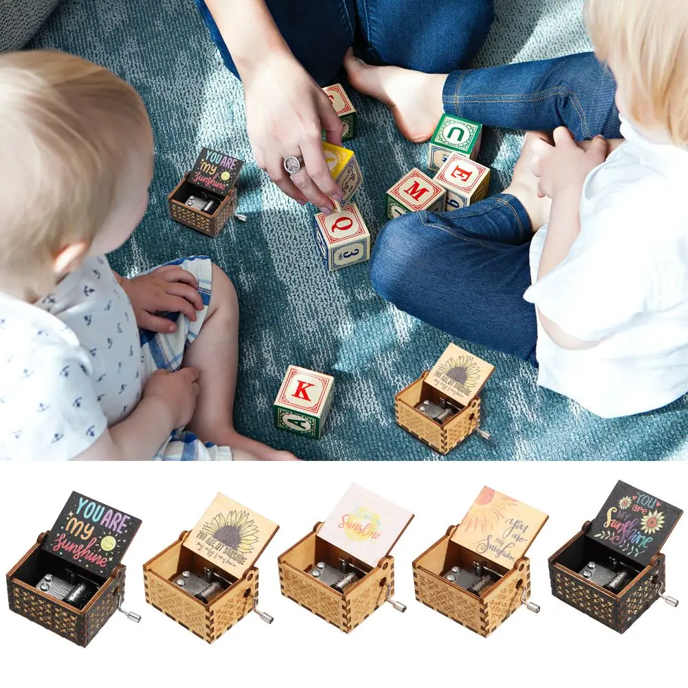 Valentinstag Geburtstag Weihnachten Holz Schwarz Gravierte 'Du bist mein Sonnenschein' Spieluhr Handbetriebene Musikboxen