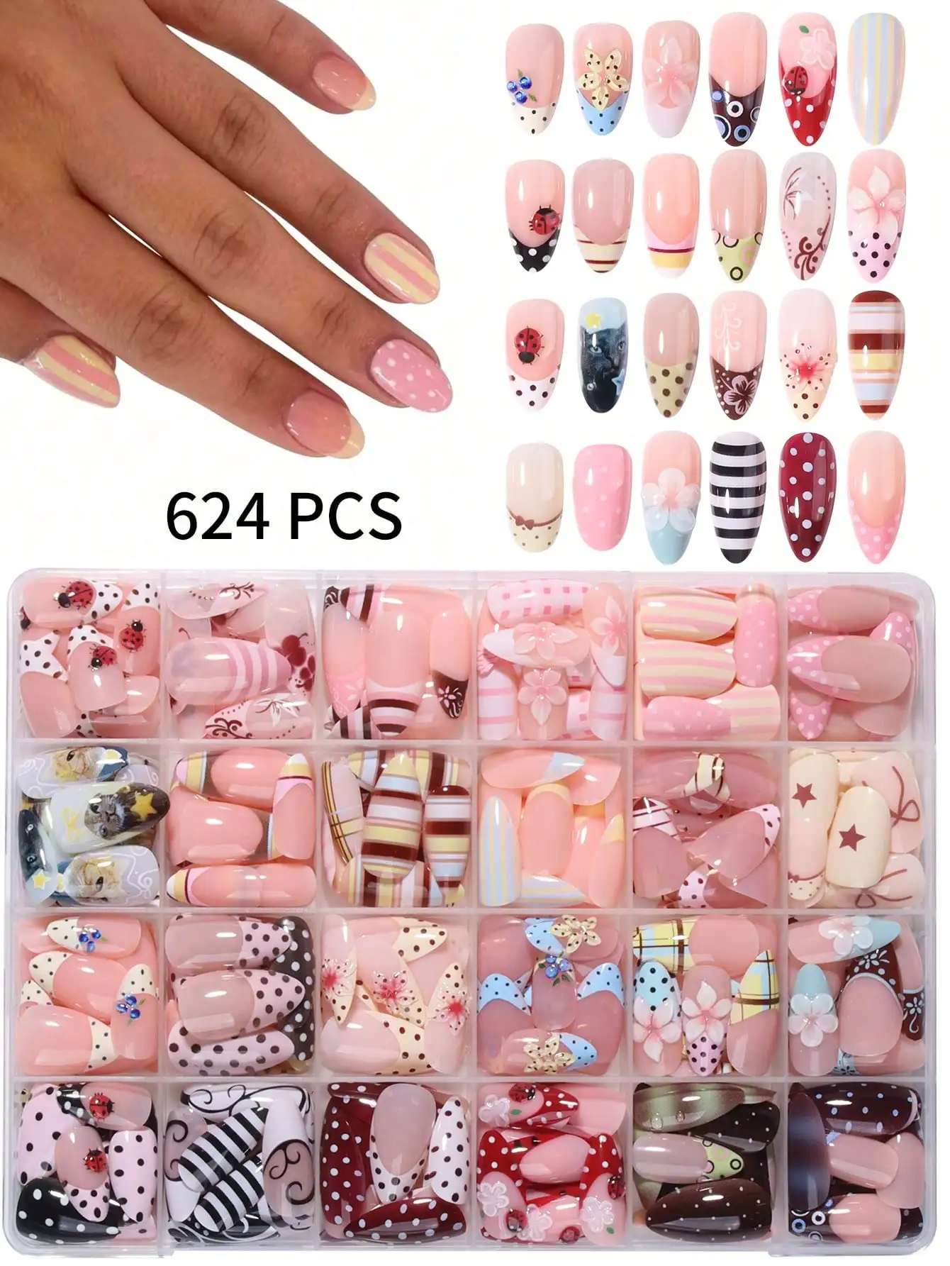 624pcs (24 Mixed Styles) Long Almond French Press-On Fake Nails, Polka Dot, Striped, Ladybug Pattern Design, Acrylic Set, Summer Nails And Polka Dot Nails