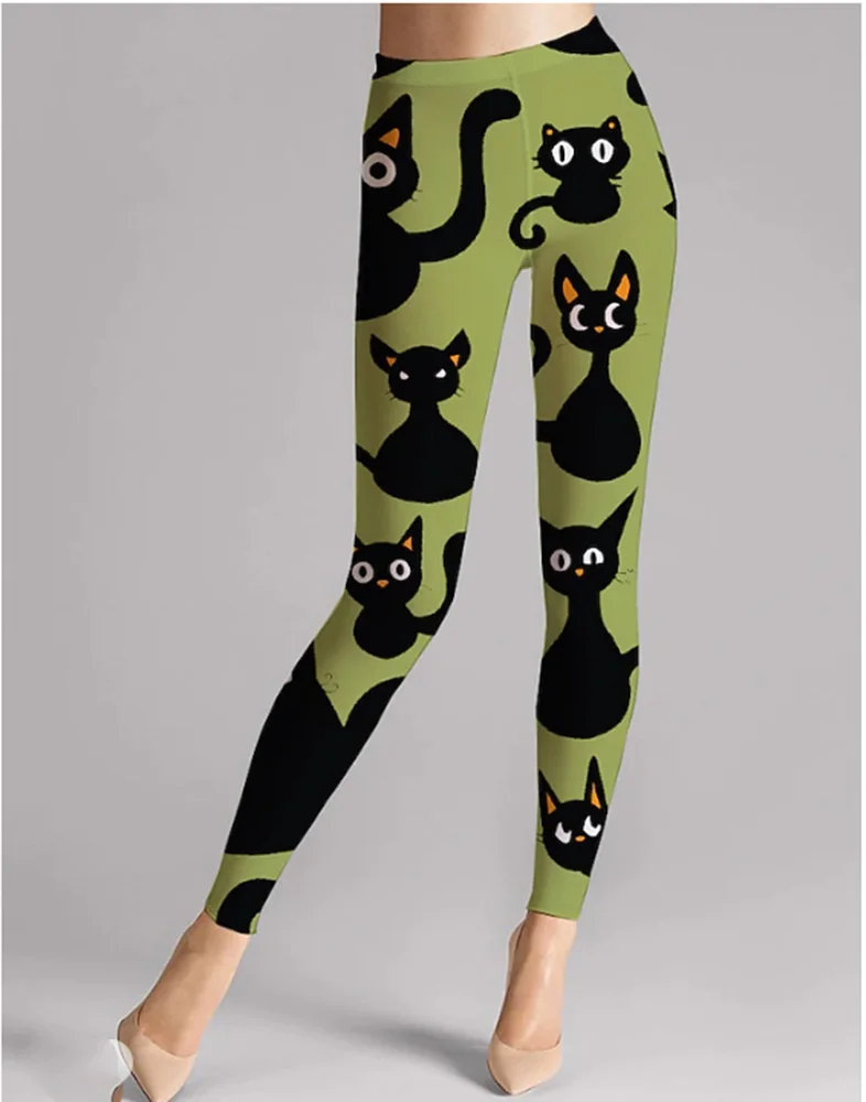 Cute cat print casual pants elastic elastic waist tight leggings for women everyday wear