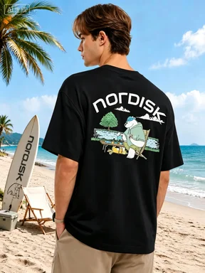 2026 Outdoor Nature Cartoon Bear Graphic T Shirt, Lakeside Picnic Animal Back Print Street Casual Tee Men Women