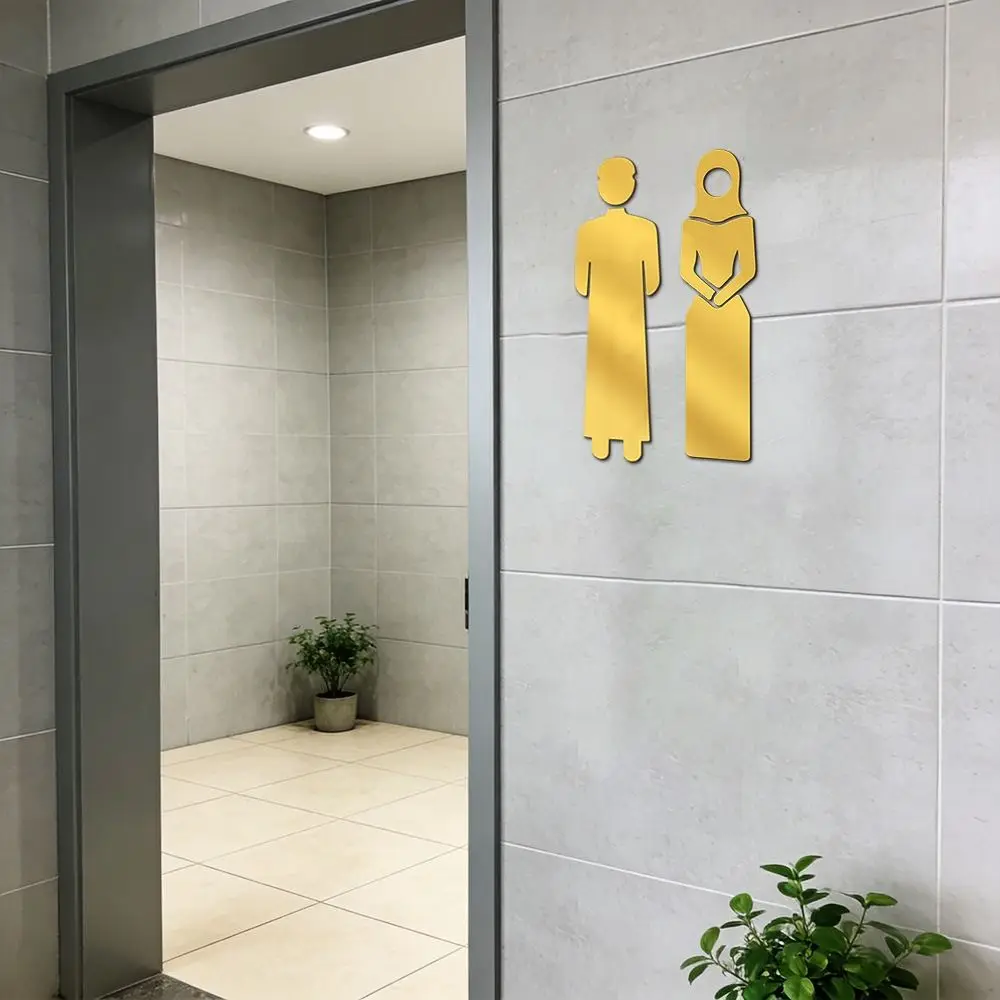 3D Arab Toilet Sign Sticker Acrylic Black Gold Silver WC Signage Board DIY Accessories Mirror Surface Washroom Sign Sticker