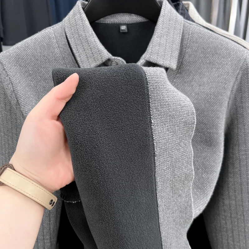 럭셔리 남성용 신상 가을 겨울 페이크 투피스 스웨터 라펠 자수 두꺼운 보온 니트웨어 레저 남성 의류 상의