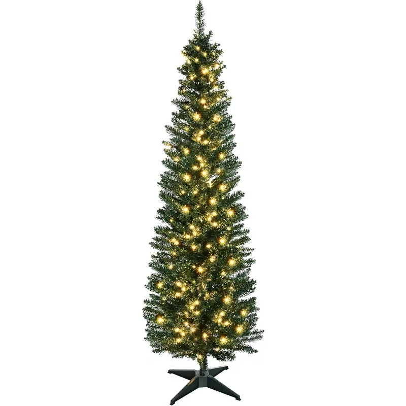 

HOMCOM 6' Tall Pre-Lit Slim Noble Fir Artificial Christmas Tree with 200 Warm White LED Lights and 390 Tips Christmas Decoration