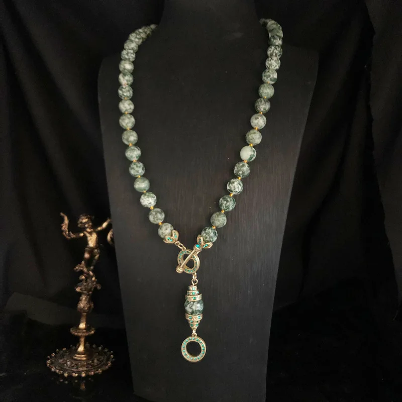 

Ожерелье из бисера, винтажное элегантное зеленое ювелирное изделие из яшмы для женщин, длинное массивное ожерелье с подвеской, цепочка для свитера