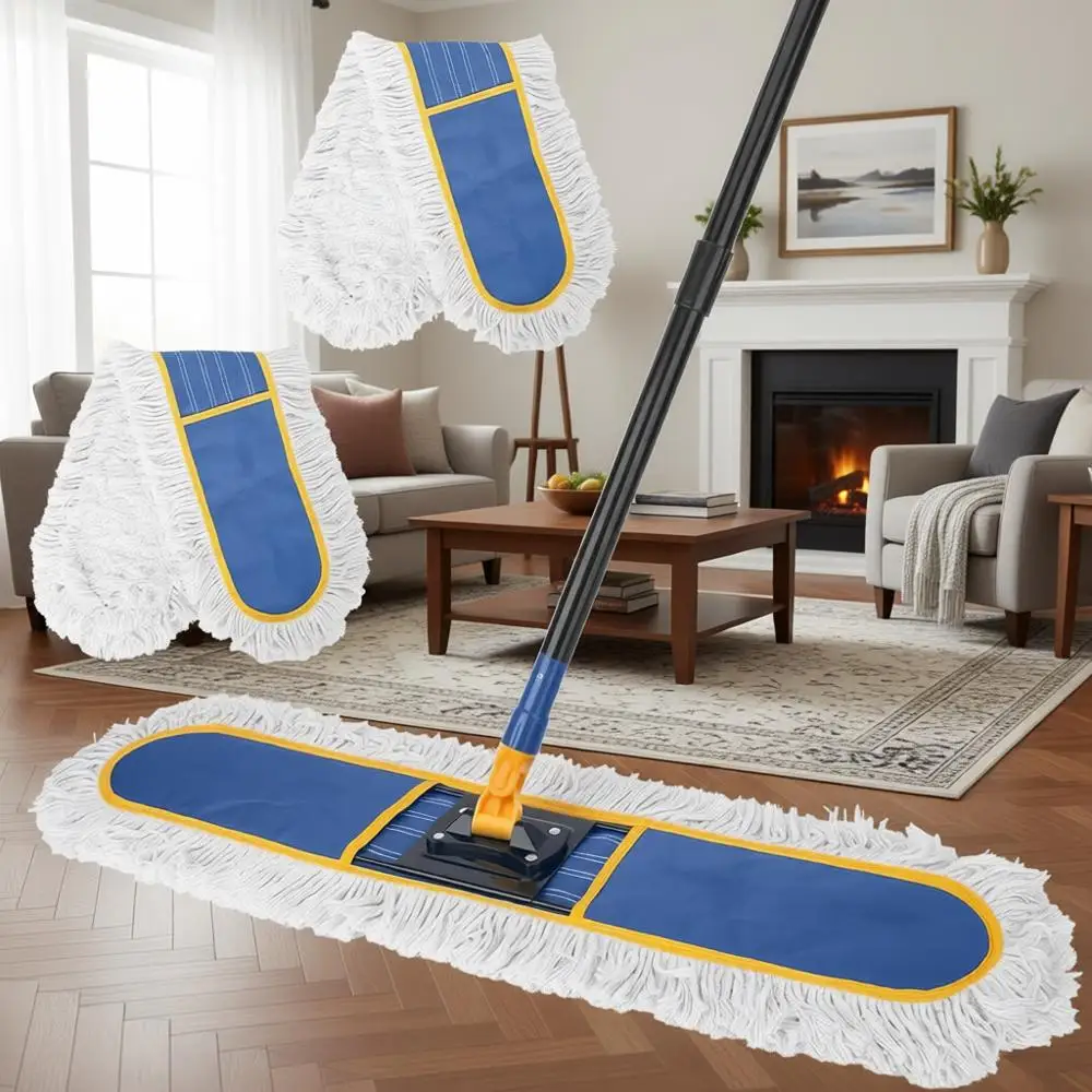 

Прочная швабра для уборки пыли с длинной ручкой 36 дюймов и 2 большими моющимися хлопковыми насадками для полов из твердых пород дерева, плитки, бетона и ламината (синяя)
