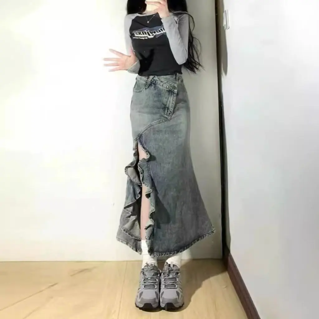 

Women's High Waist Irregular Half-Length Denim Split Skirt Summer Slimming A-line Fishtail Mid-length Hip Skirt