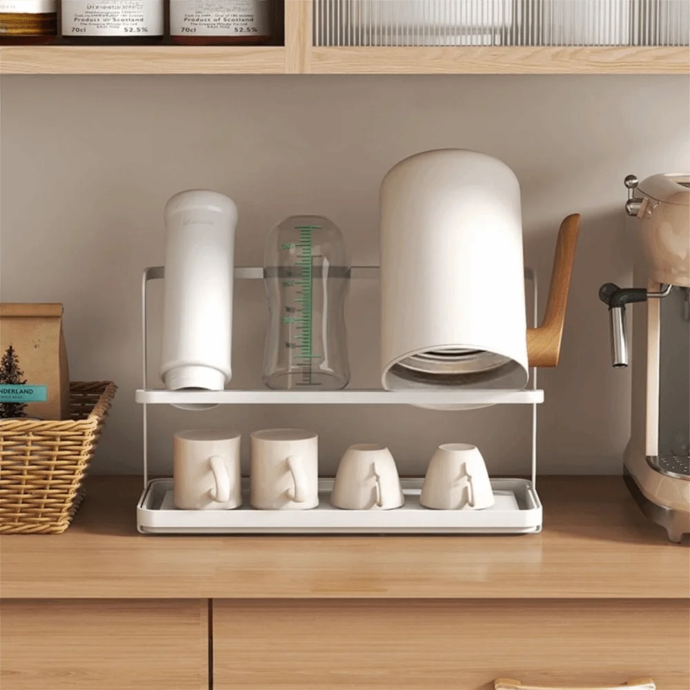 

Durable Double Layer Bottle Drying Rack with Drain Tray Rustproof Cups Storage Rack Removable Mug Organizer Countertop