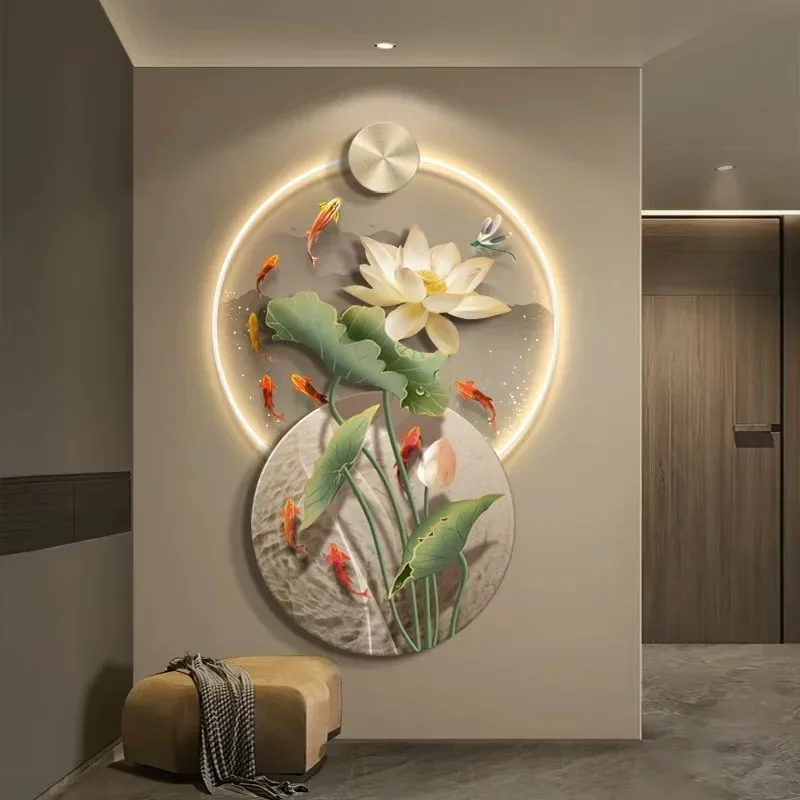 Reloj de lujo de alta gama para porche Lotus Koi con marco de Metal, reloj de pared para pasillo, nueve peces, luz de pintura artística colgante