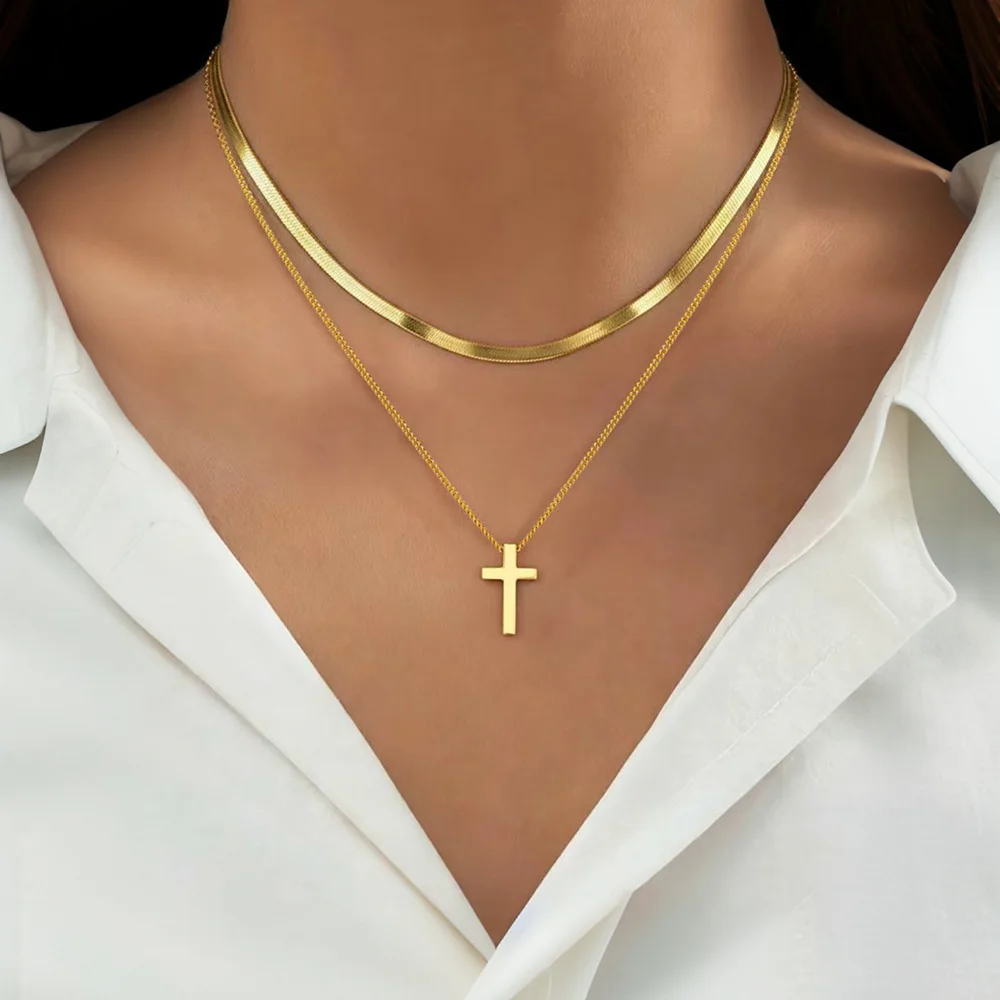 Double Layered Cross Necklaces for Women Men,18K Gold Plated Chain Necklace,Dainty Waterproof Jewelry for Easter,Baptism Gifts