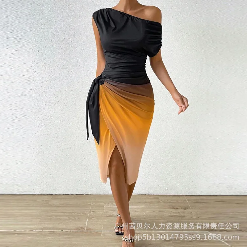 

Womens Dresses Autumn New 2023 Irregular Sleeveless Knotted Long Printed Dress with One Shoulder