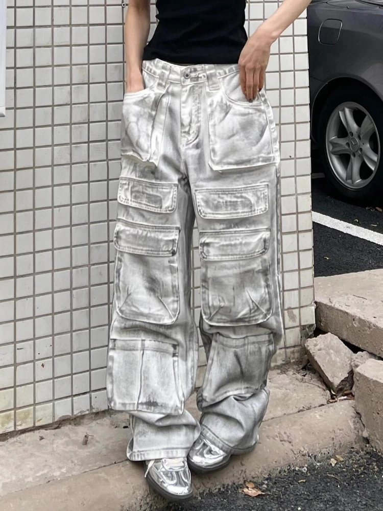 ADAgirl Oversize Wide Leg Cargo Jeans Women Y2k Vintage High Waist Pockets Do Old Straight Denim Pants Hip Hop Casual Trousers