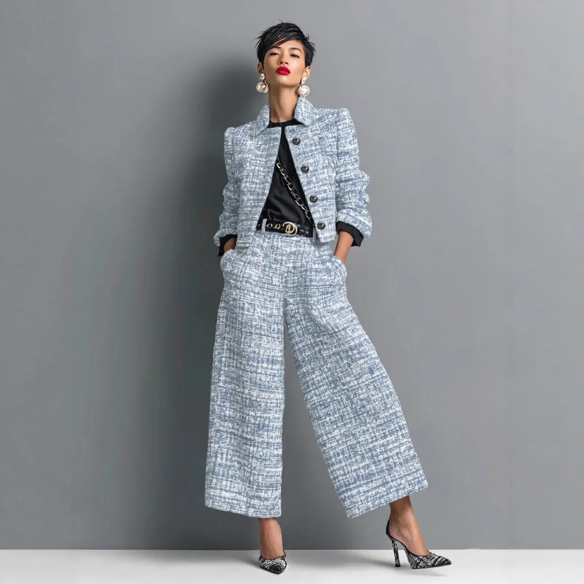 2026 Spring Cross-Border Slim Fit Short Jacket Set with Wide Leg Pants Long Sleeve Turn-down Collar Women's Casual Sportswear