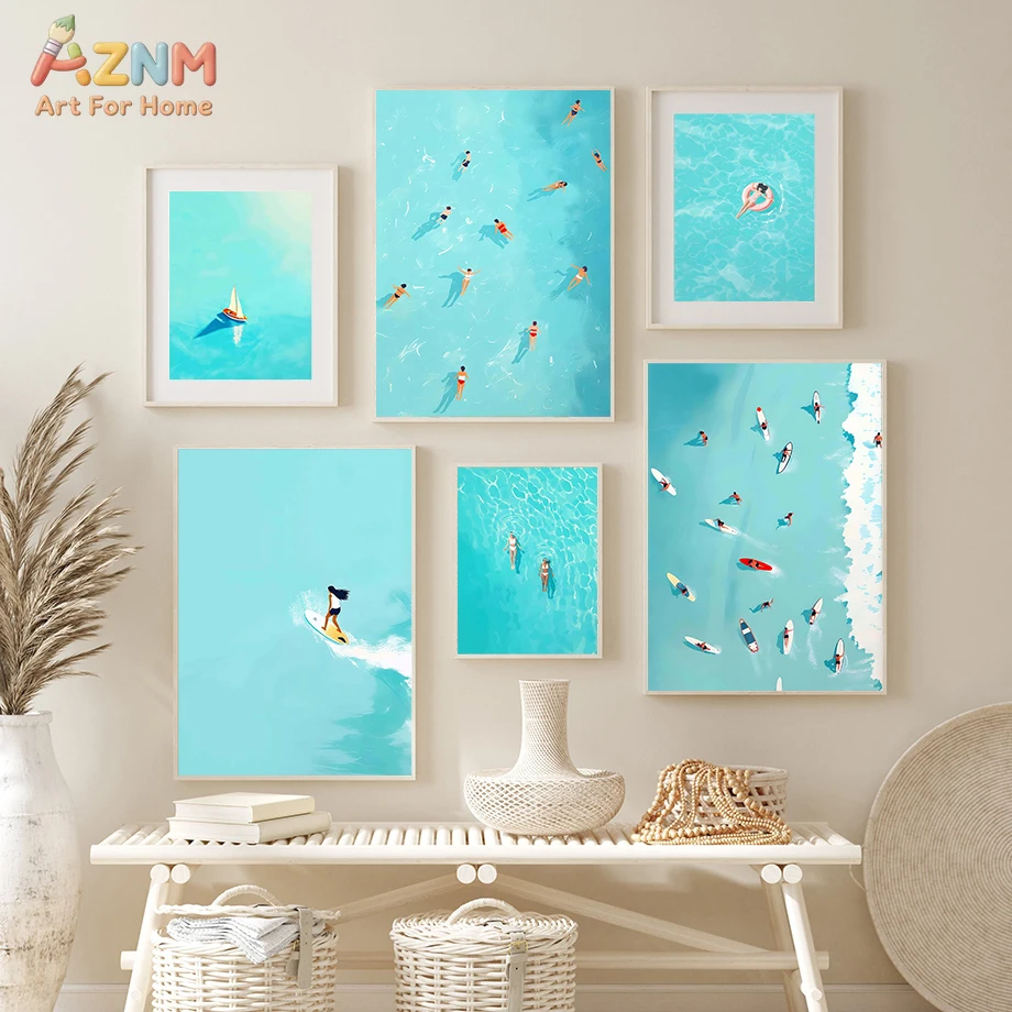 AZNM Aerial Blue Ocean Beach Swimming People Canvas Wall Art, Minimalist Summer Coastal Landscape Aesthetic Living Room Home Dec