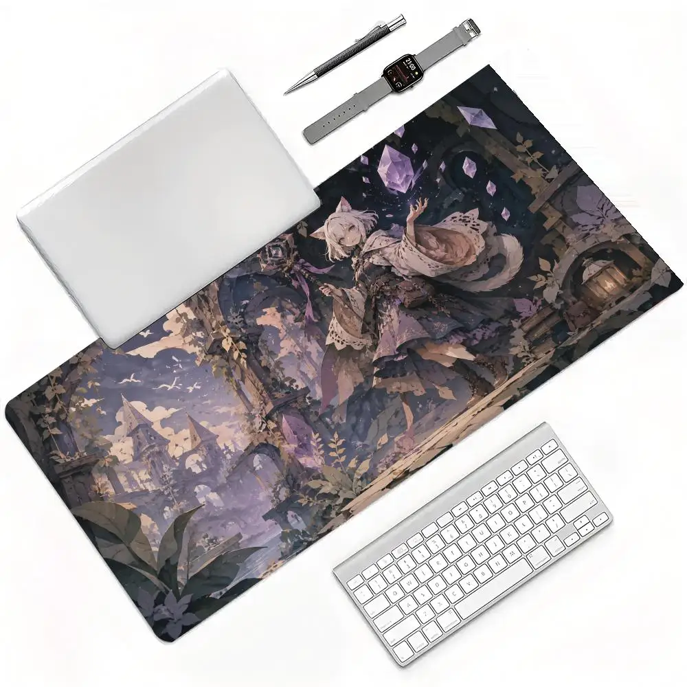 Dark Gothic Fox Girl Staff Magic Lightning Abandoned Pillar Temple Anime Style Large Gaming Mouse Pad Wear Resistant Desktop Pad