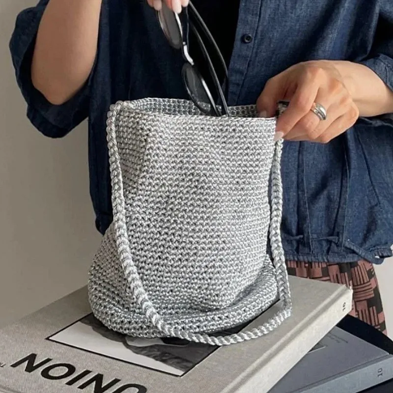 Women's Handwoven Bucket Bag with Adjustable Crossbody Shoulder Strap Large Capacity Beach Vacation Boho Korean Style