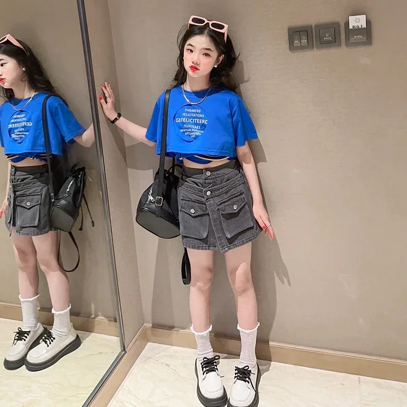 Fashion School Girls Clothes Summer Short Sleeve T shirt and Denim Short Pants Sets Multiple Pockets Short Jeans Sense Kids Suit