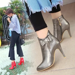 2023 new autumn winter Women ankle boots plus size 22-27CM PU upper side zip modern boots high heel butterfly knot short boots