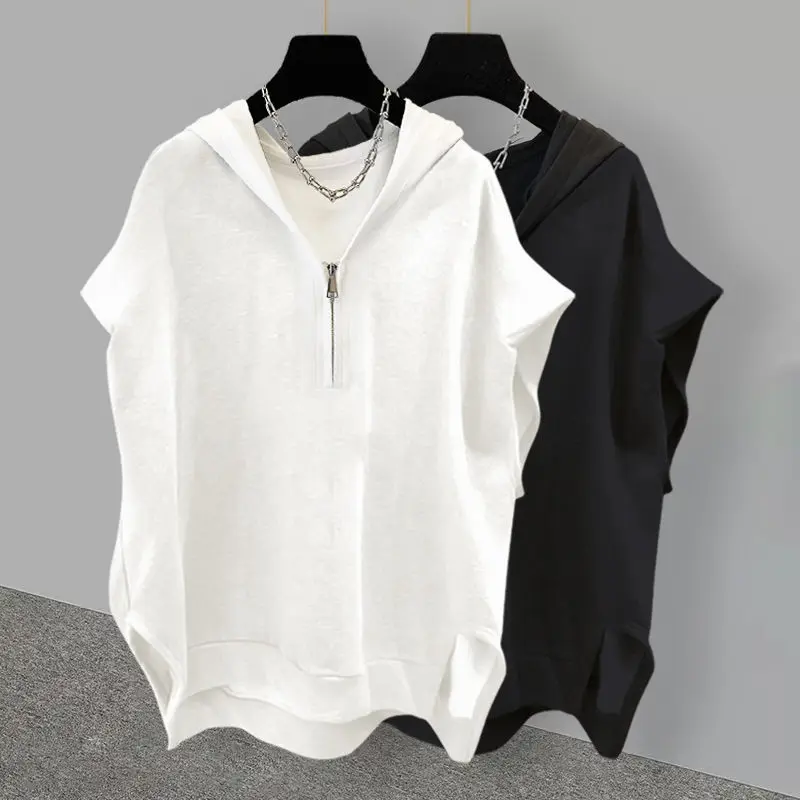 Simple Street Extra Large Solid Color Zipper Hooded Sleeveless Sweater For Men And Women In Autumn Ins Korean Loose Vest  Summer