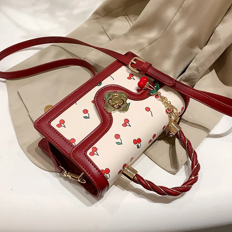 Sweet Cherry Square Chains Crossbody Bags for Woman Luxury Designer Brand  New Female Black Green Yellow Fruit Printing HandBag